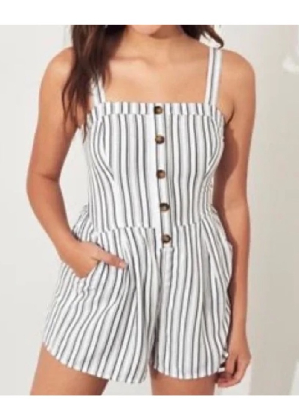 Hollister White & Black Striped Button-Front Romper